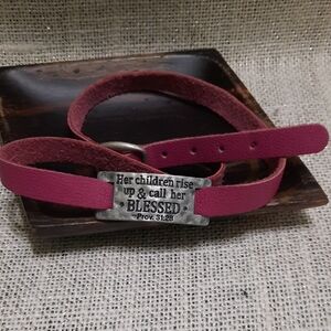 Blessed Pink Leather Wrap Bracelet Antique Silver Bible Quote - Proverbs